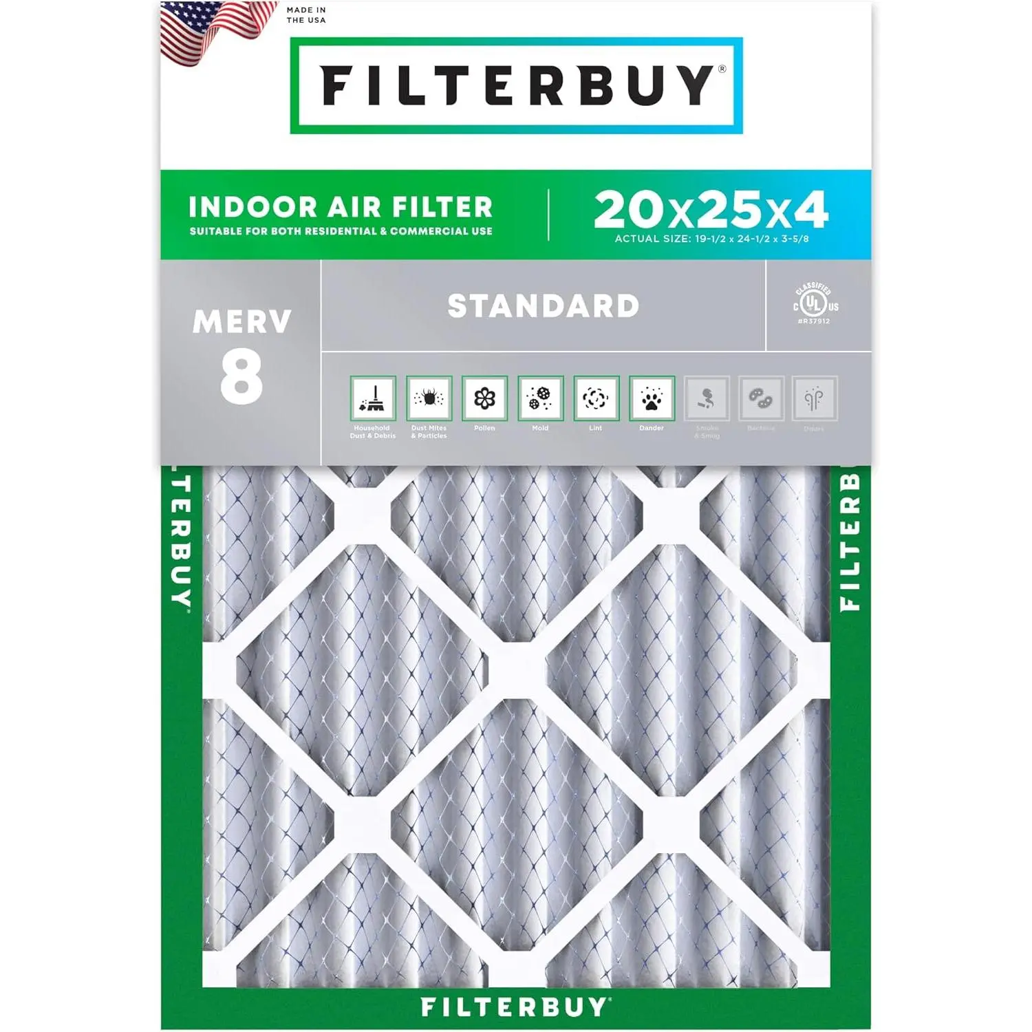 Filterbuy Rectangular Pleated Shape Eco-Friendly HVAC AC Furnace Air Filter (1-Pack, 20x25x4 In), MERV 8 Rating Electrostatic Charge Dust Defense (Actual Size: 19.50x24.50x3.63 In), Endures Temperatures Up To 200°F, New