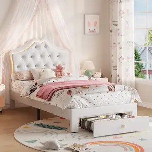 Twin Bed Frame Platform Bed Padded with LED Lights and Storage Drawer, Crystal Upholstered Headboard for Kids and Teens, Easy Assembly,White