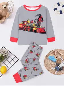Boys' Round Neck Long Sleeve Pajama Set, Digital Print Train Pattern, Cartoon Print Pajama, Casual Loose-Fit Sleepwear, 2-Piece Home for All Seasons, Cartoon Pattern Pajamas