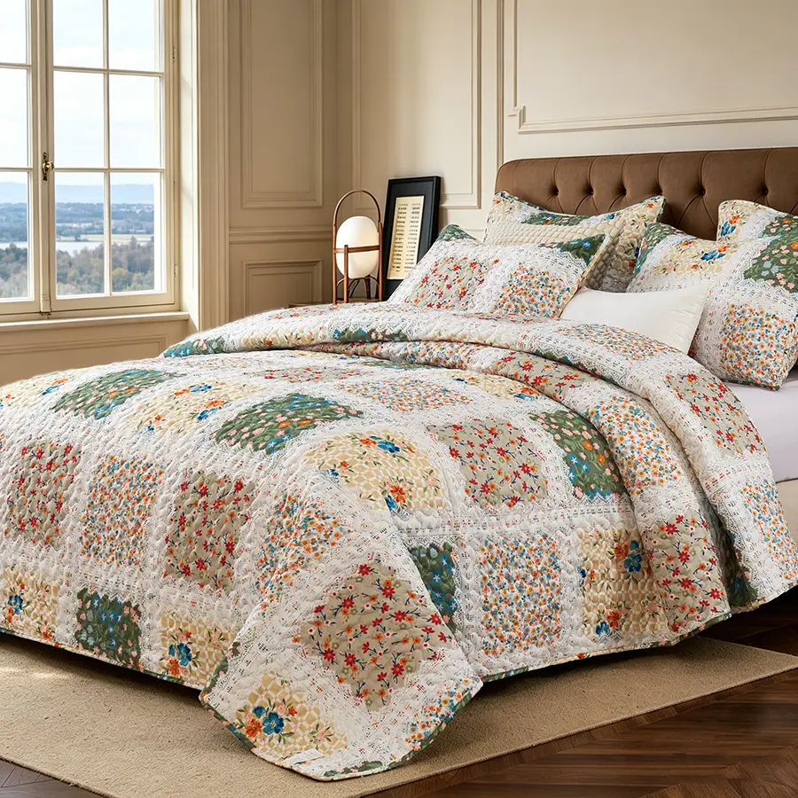 Anna's Garden Reversible Quilt Bedding Set - Premium Stitched Coverlet with 2 Pillow Shams, Vibrant Digital Print Bedspread, No Shrinkage Anti-Deform Soft All-Season Set for Queen/King Bedroom Decor, Bedding Sets