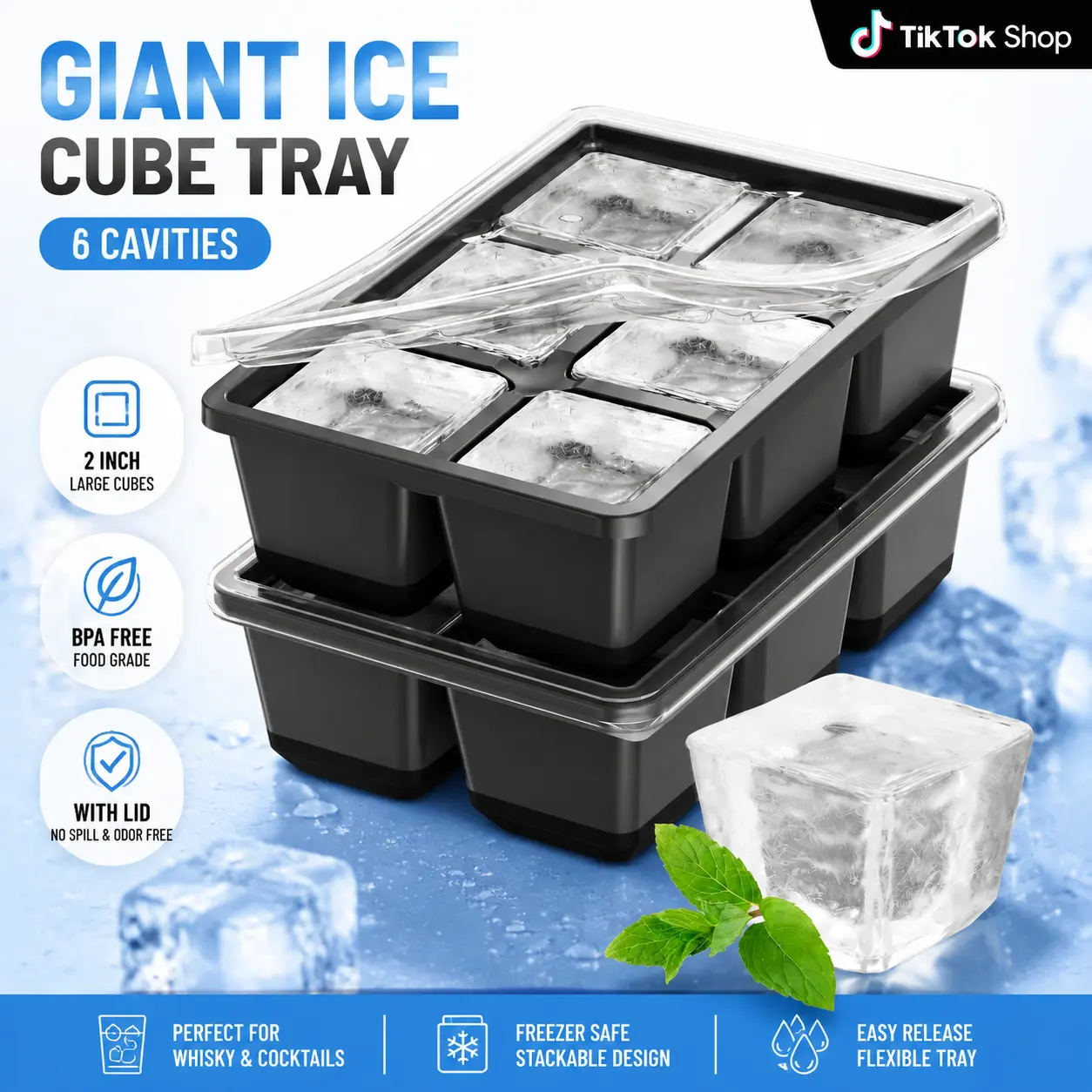 2-Pack Large Square Ice Cube Moulds & Trays (1.8 in Bar Mold), Stackable with Lid, Easy-Release Reusable for Whiskey, Bourbon Drinks, Reusable Ice Cube Moulds & Trays