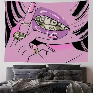 1pc cool pink lips and eyes wall tapestry, fashion cartoon art hanging decoration, bedroom living room tapestry, Cloth Curtain