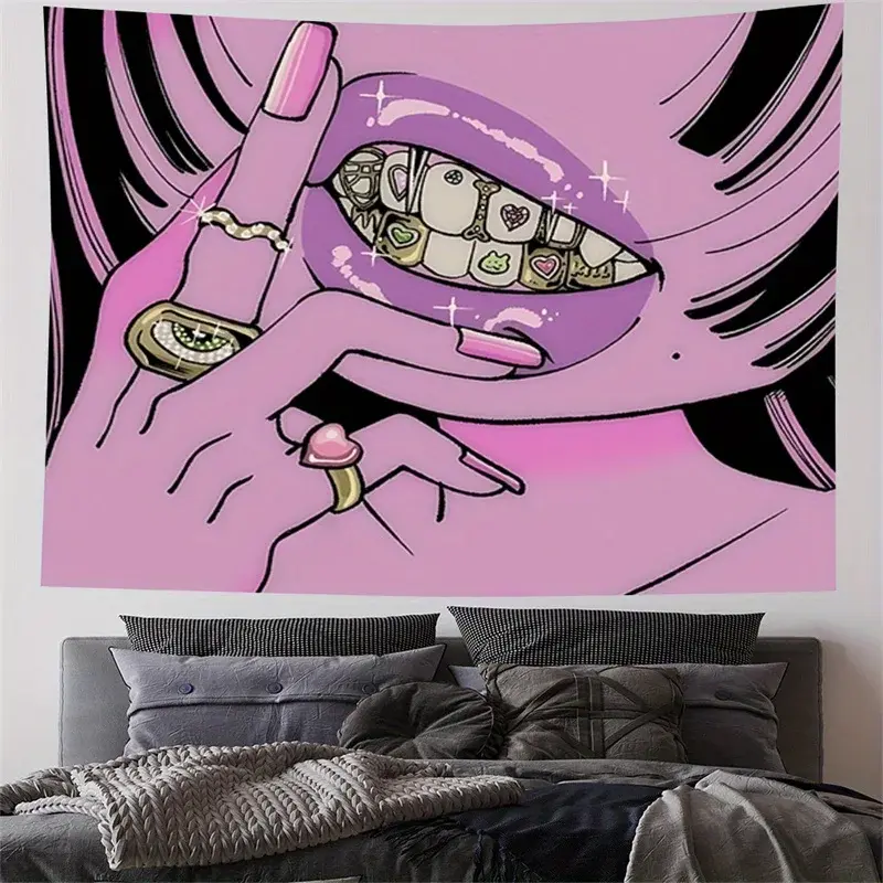 1pc Polyester Blush Pink Cartoon Lips and Eyes Wall Tapestry, Fashion Art Hanging Decoration, Girly Bedroom Decor, Home Supplies Cloth Curtain, Durable Decorative Tapestry, Tapestry Wall Mural
