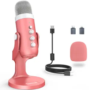 Aston DigitalGaming K66 Pink USB Microphone with Quick Mute Gain Control Echo Monitor Volume Adjust for Phone Computer PC PS5 Studio Mic Streaming Vocal Recording ASMR Podcast Video Audio Equipment Headset Plug Smartphone Cable