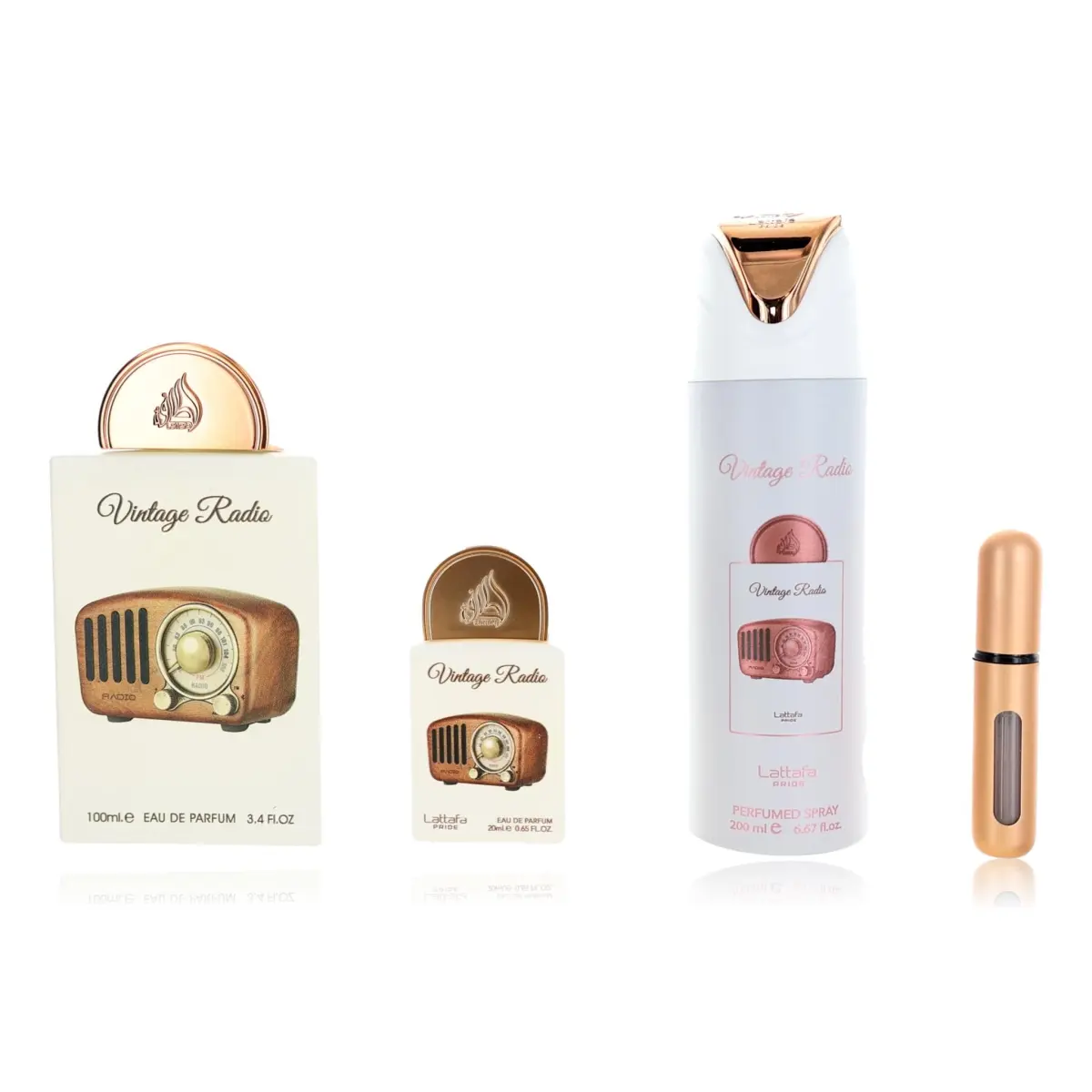 Lattafa Scented 3-Piece Unisex Fragrance Gift Set with Eau de Parfum, Deodorant Spray, and Atomizer, Adults, Vintage Radio, Assorted Perfume Box Unisex Fragrance, Boxed Assortment Unisex Fragrance