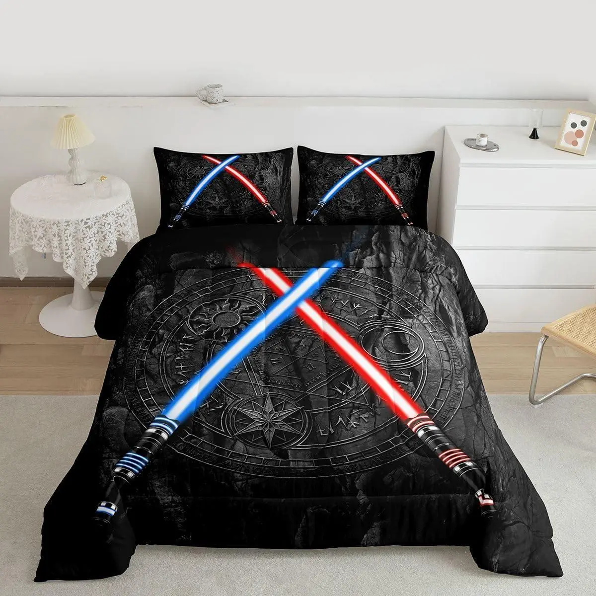 Feelyou Kids' Lightsaber Quilt Bedding Comforter Set - Polyester Fiber Queen Set with Neon Blue, Red Geometric, Sun Moon, Round, Vintage Stone Wall Designs, U-Stitching, Lightweight Warmth, Multi-Size, Travel-Ready, Machine Washable, Machine Wash, No, Low
