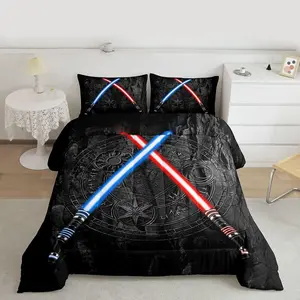 Feelyou Lightsaber Comforter Set - Neon Blue Red Geometric Sun Moon Round Quilt Set, Polyester Fiber, Lightweight Warmth, Multi-Size, U-Stitching, Travel Ready, Kids Room Decor with Vintage Stone Wall Design