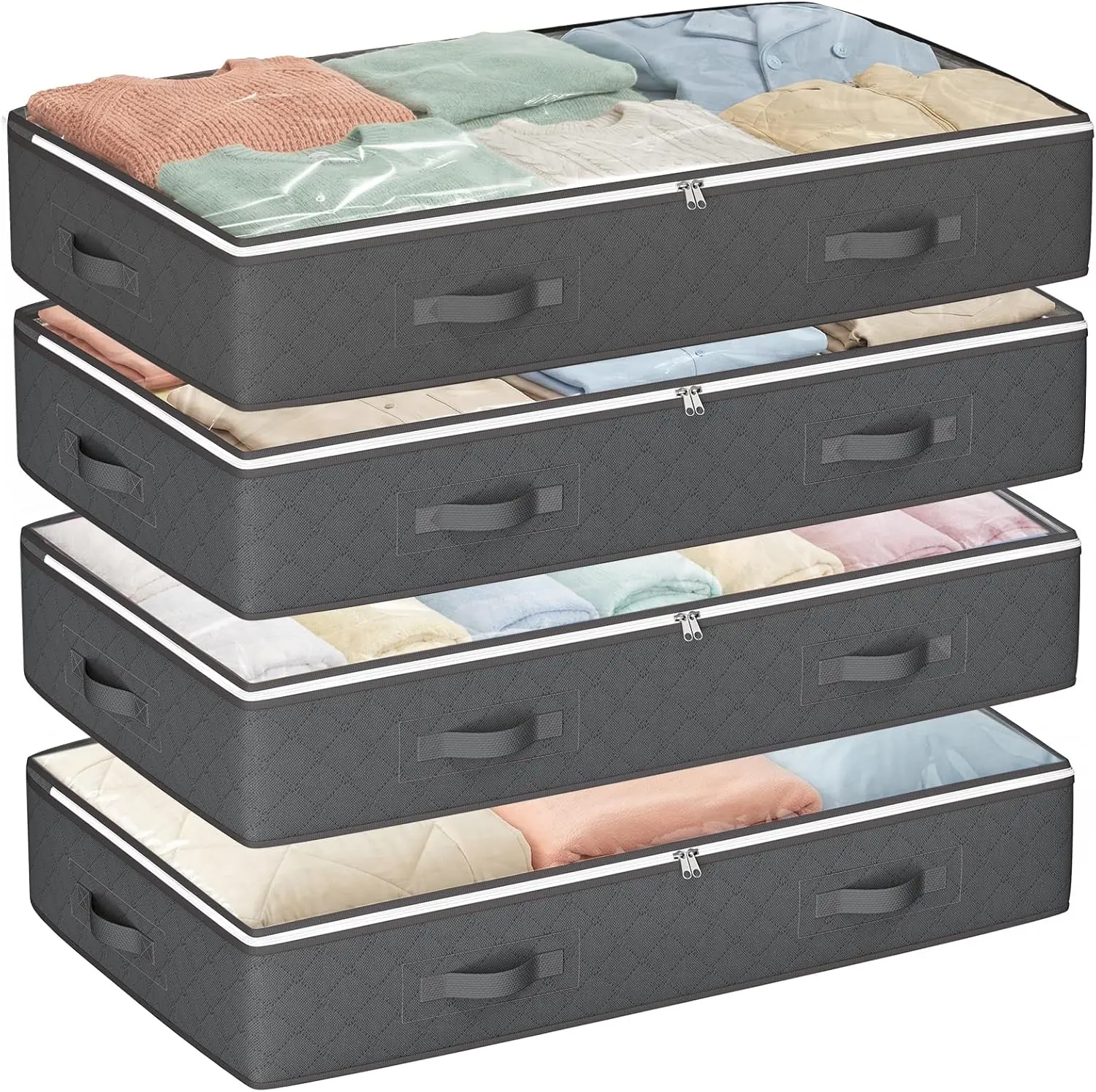 Low Profile Underbed Clothes Organizer with Handles, 4-Pack Space Saving Blanket Storage Containers, Dustproof Fabric Storage Bins for Bedroom Closet College Dorm