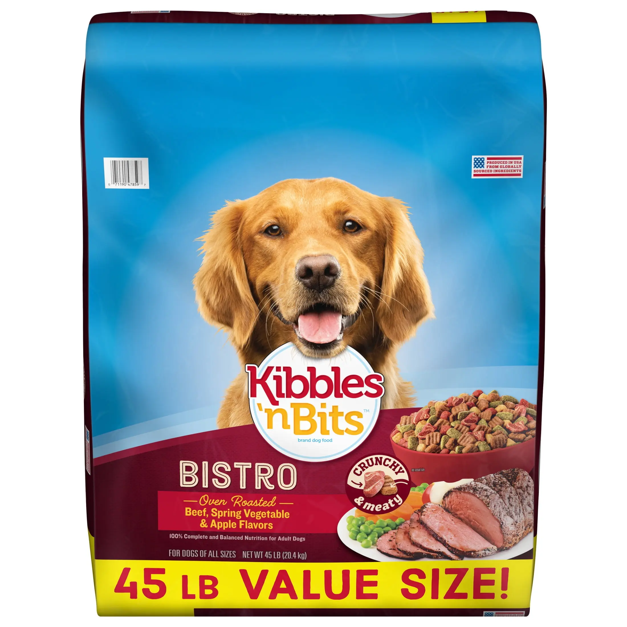 Kibbles n Bits Bistro Dry Dog Food For Adult Weight Management Roasted Beef Vegetable Apple Flavor 45 Pound Pack