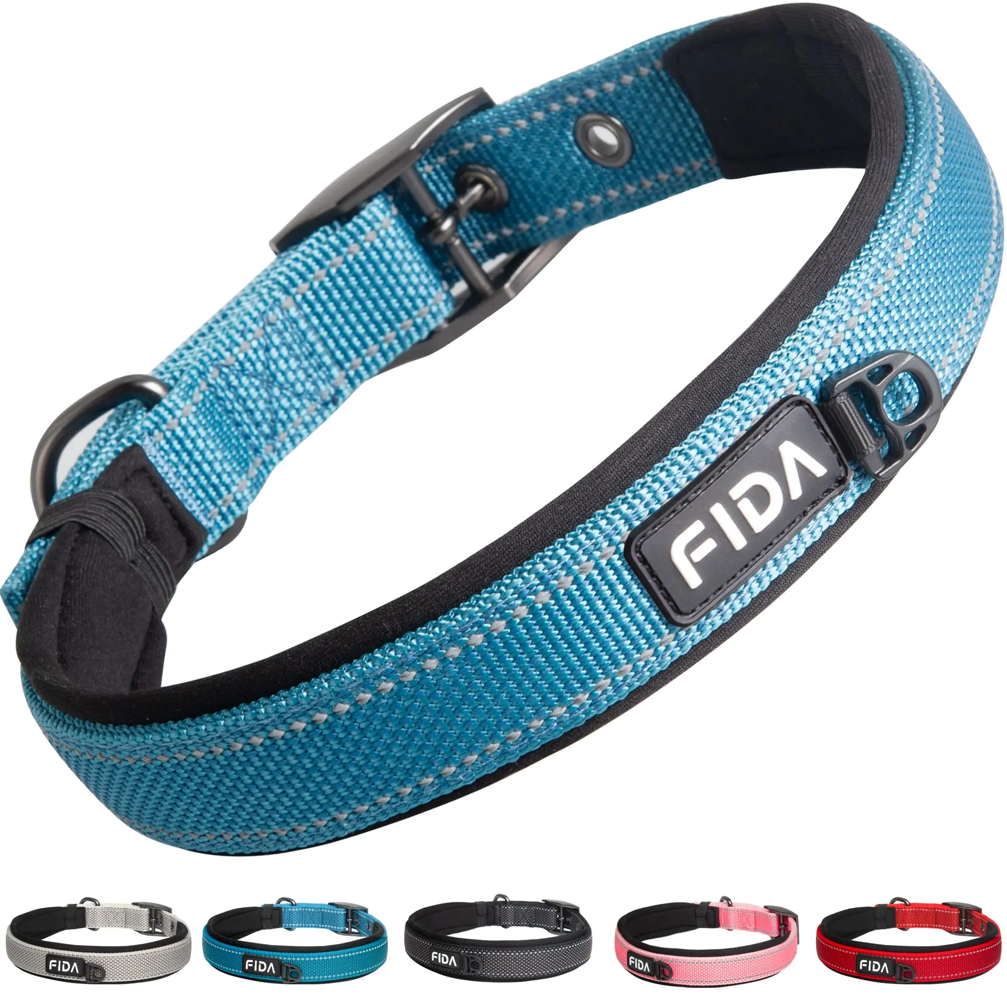 Fida Heavy Duty Dog Collar, Ultra Comfortable Soft Neoprene Padded, Adjustable Reflective Nylon Pet Collar with Durable Metal Belt Buckle, , Lightweight Everyday Walking Collar for Small Medium Large Dogs