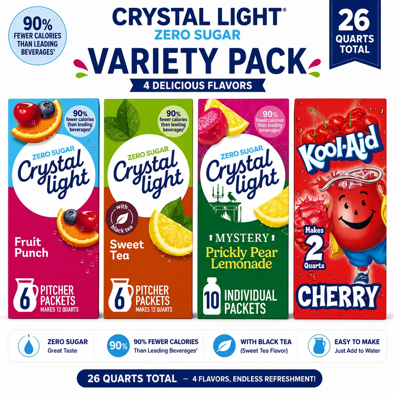 Crystal Light & Kool-Aid 0-Sugar Hydration Powder Mix Variety Pack - 4 Flavor Assortment: Fruit Punch, Sweet Tea, Prickly Pear Lemonade, Cherry - Low Calorie Drink Mix