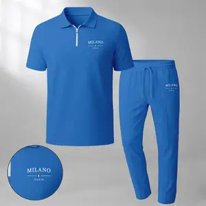 Men's 2-Piece Polyester Clothes Set - Loose-Fit MILANO Print Zip-Up Collar Long Shortsleeve Polo Top & Waffle Knit Pants, Breathable Soft Fabric, Suitable for Everyday Casual Wear