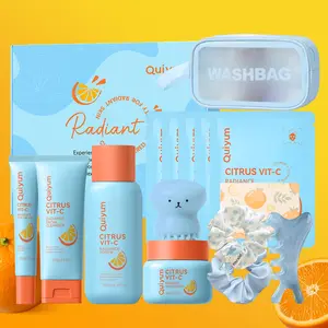 Quiyum Citrus VC Skincare Box, Moisturizing Kit, Moisturizing Cream 50g, Cleanser 100g, Toner 160ML, Eye Cream 20g, Mask 25gx5,Hair Band,Octopus Brush,Scraping Pate, Makeup Bag,Card, Radiant Glow • Plump & Smooth Skin,Best Gift