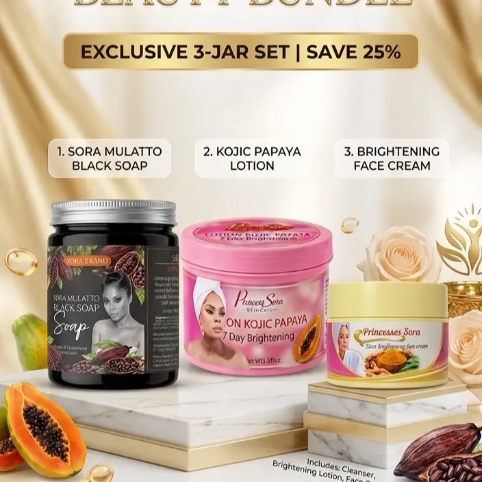 Sora Total Beauty Bundle - Exclusive 3-Jar Set with Sora Mulatto Black Soap, Kojic Papaya Lotion, and Brightening Face Cream
