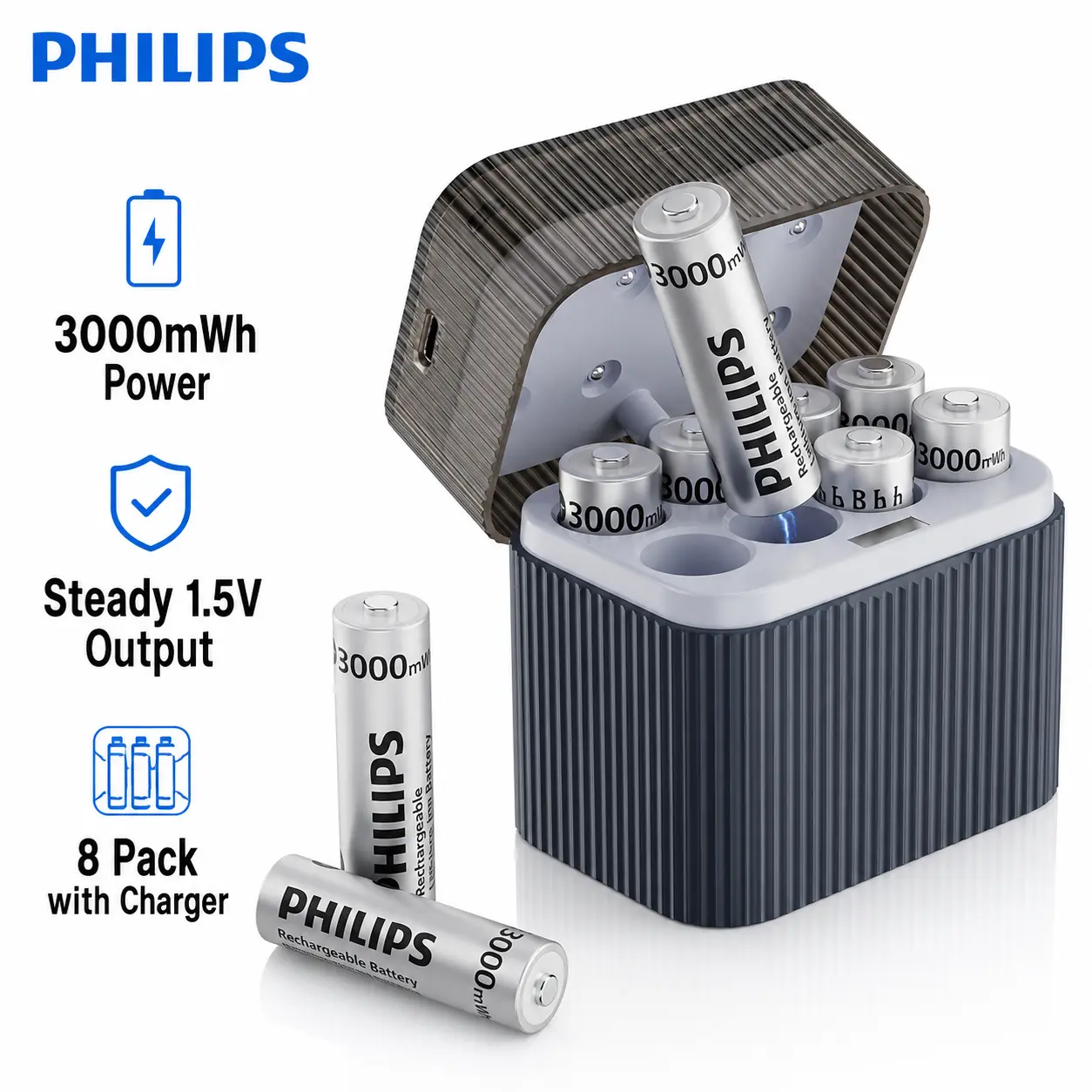 Philips AA Lithium Rechargeable Batteries with Fast Charger, 8 Pack 1.5V 3000mWh Double A Batteries, USB-C Charging Case for Game Controllers, Remotes, Cameras, Toys & Household Devices