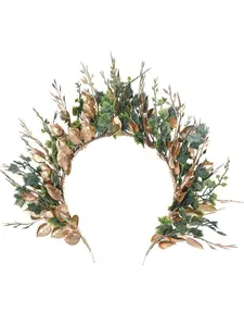 Handmade woodland halo crown - Forest headband flower hairpin goddess floral crown for ladies' role-playing party, Renaissance era carnival, wedding photo shoot, golden green Crown Design