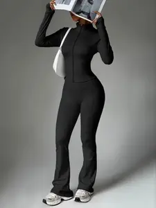 Women's Solid Color Fall & Winter Zipper Jacket and Bell Bottom Pants Set, Yoga Gym Outdoor Sports, Comfortable Breathable Sportswear, Flare Pants Tracksuit, Workout Sets Women