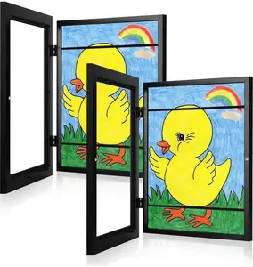 2 PCS Kids Artwork Frame Changeable (Black) - Magnetic Door Holds 100 Art Pieces - 8.5x11 Letter Size Display with Mat or 10x12.5 Without Mat