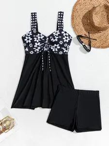 Women's Swimsuit Set with Shorts, Comfortable Summer Beach Vacation Swimwear, Fitted Style, Moderate Fabric Thickness, Tankini Bathing Suits, Tankini Top Bottoms, Floral Swim Set