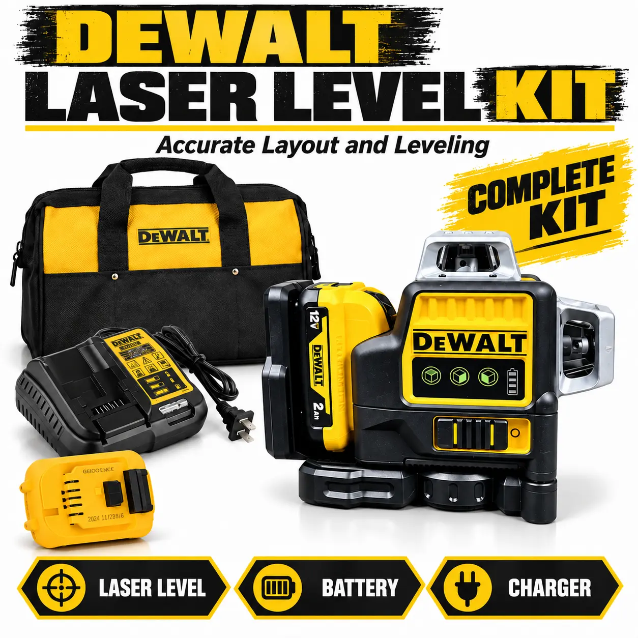 DEWALT DW089LG 12V Green Laser Level Kit with 2.0Ah Battery and Charger for Construction Layout, Tile Installation and Interior Renovation, 3 x 360° Self-Leveling Lines, IP65 Protection and Pulse Mode