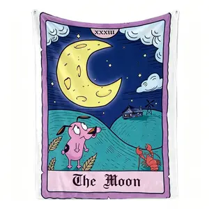 Nostalgic Courage the Cowardly Dog The Moon Tarot Card Blanket – Soft Flannel Throw with Retro Cartoon Art, Mystical Vibes for Cozy Spooky Nights & Fan Gifts