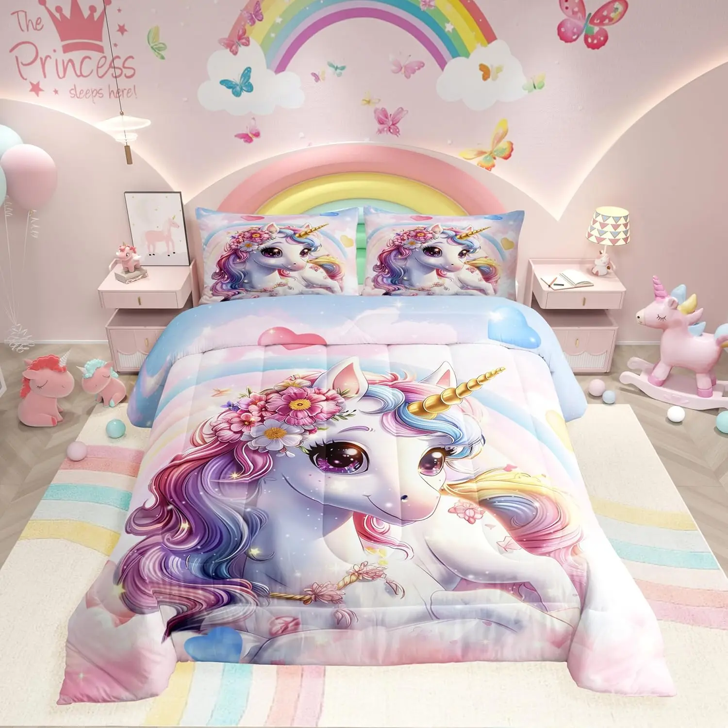 Feelyou Cute Rainbow Unicorn Comforter Set - Soft Fabric Pink Duvet Bedding Set for Kids, Toddler Cartoon Bedroom Decor, Toddler Bedding Set