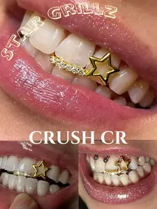 CRUSH CR 1pc Star Hollow Tooth Cap Grillz – 18K Gold Plated Copper with CZ, Aesthetic, Y2K Hip-Hop Bling Jewelry for Women & Men. Perfect for Music Festivals, Halloween Party, Date Night, Cosplay Streetwear Style Artificial Tooth Gems