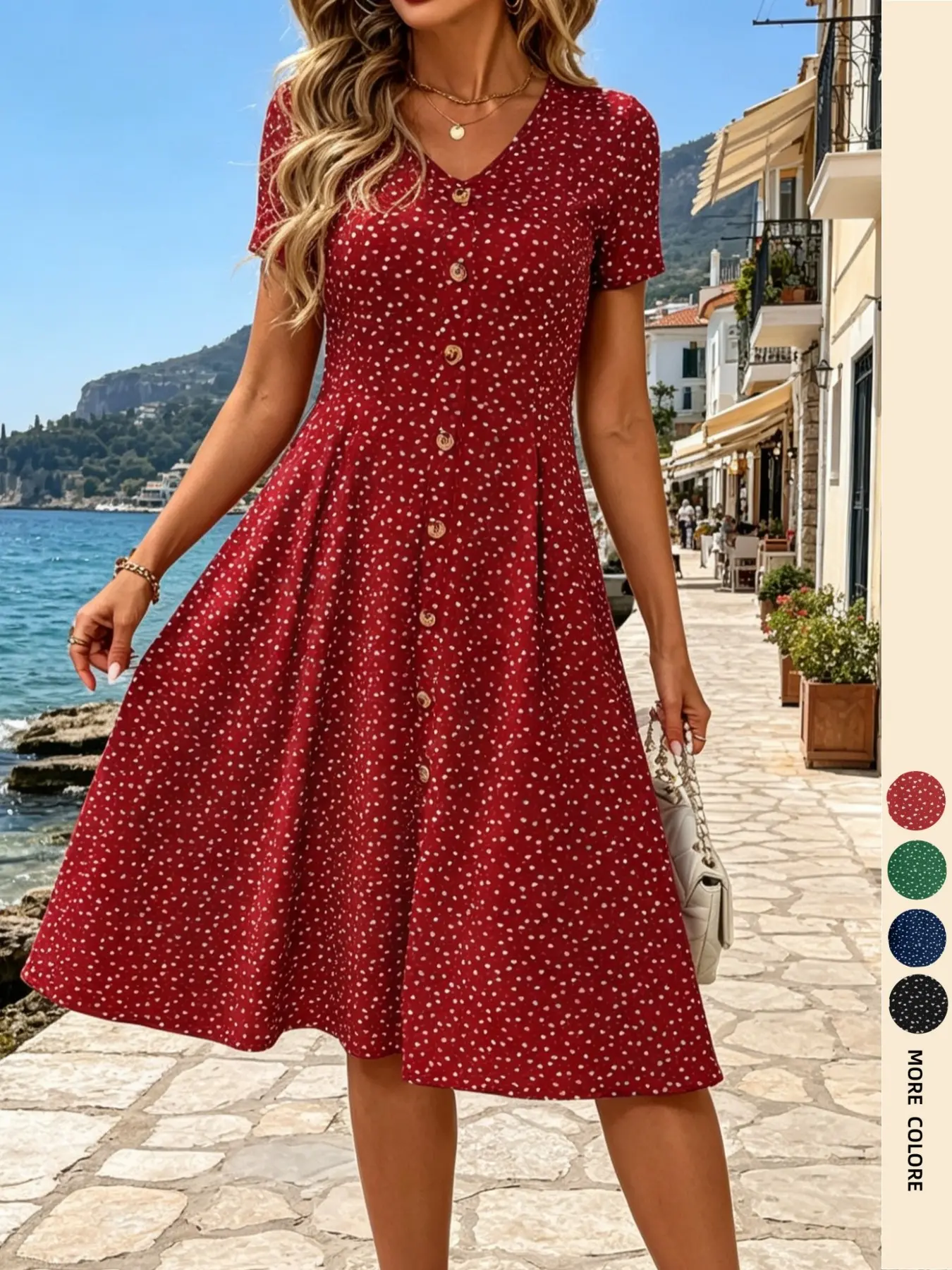Women's All Over Dot Print V-Neck Short Sleeve Button Decor Casual Dress, Fashionable and Comfortable Design, Perfect for Daily Wear, Ideal for Spring, Summer, Autumn