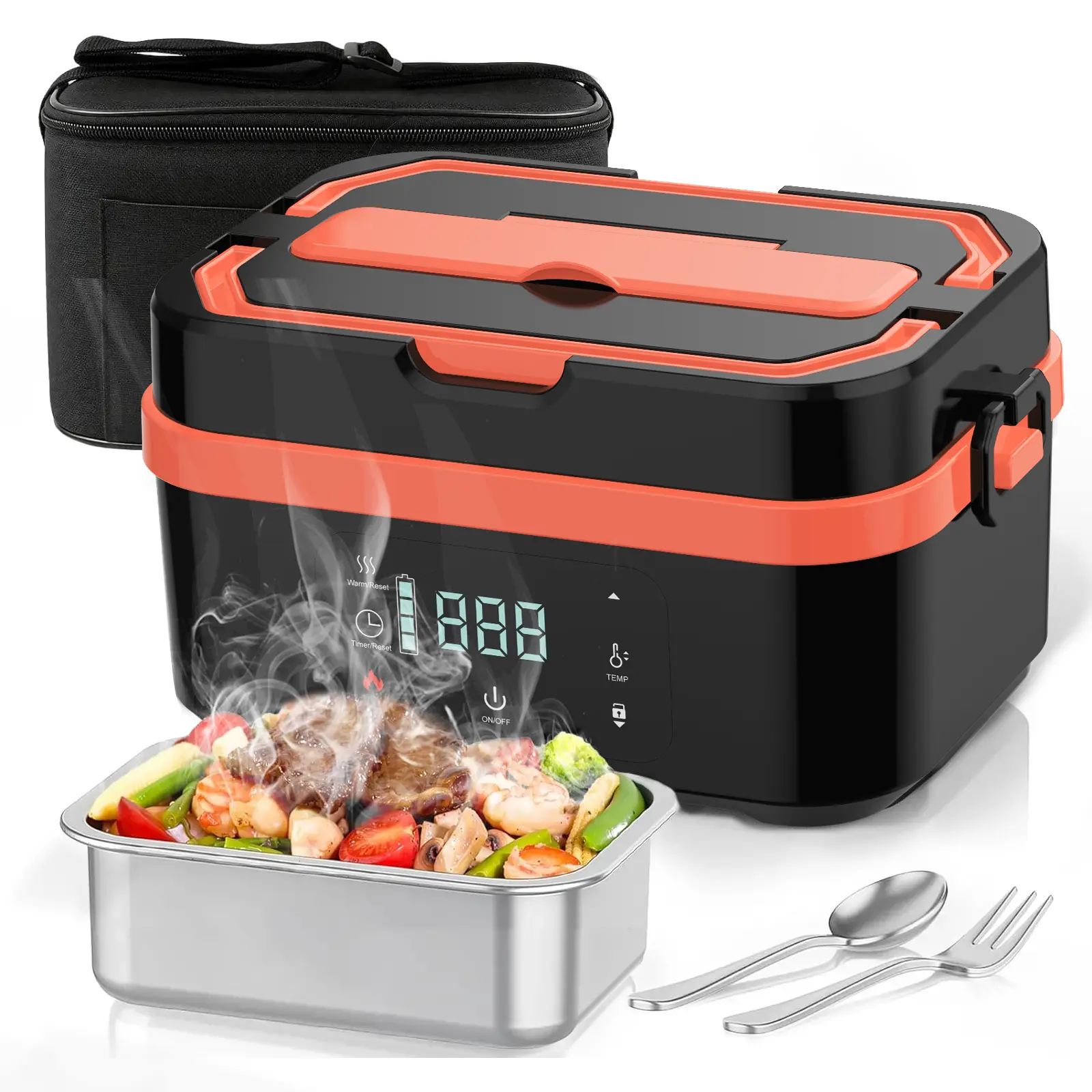 Cordless Electric Heated Lunch Box, 1.35L - 5.7 Cups 30000 mAh 100W Rechargeable Smart Self-Heating Food Warmer with Removable Divider, Spoon, Fork, BPA Free, Portable Lunchbox for Car Travel Office
