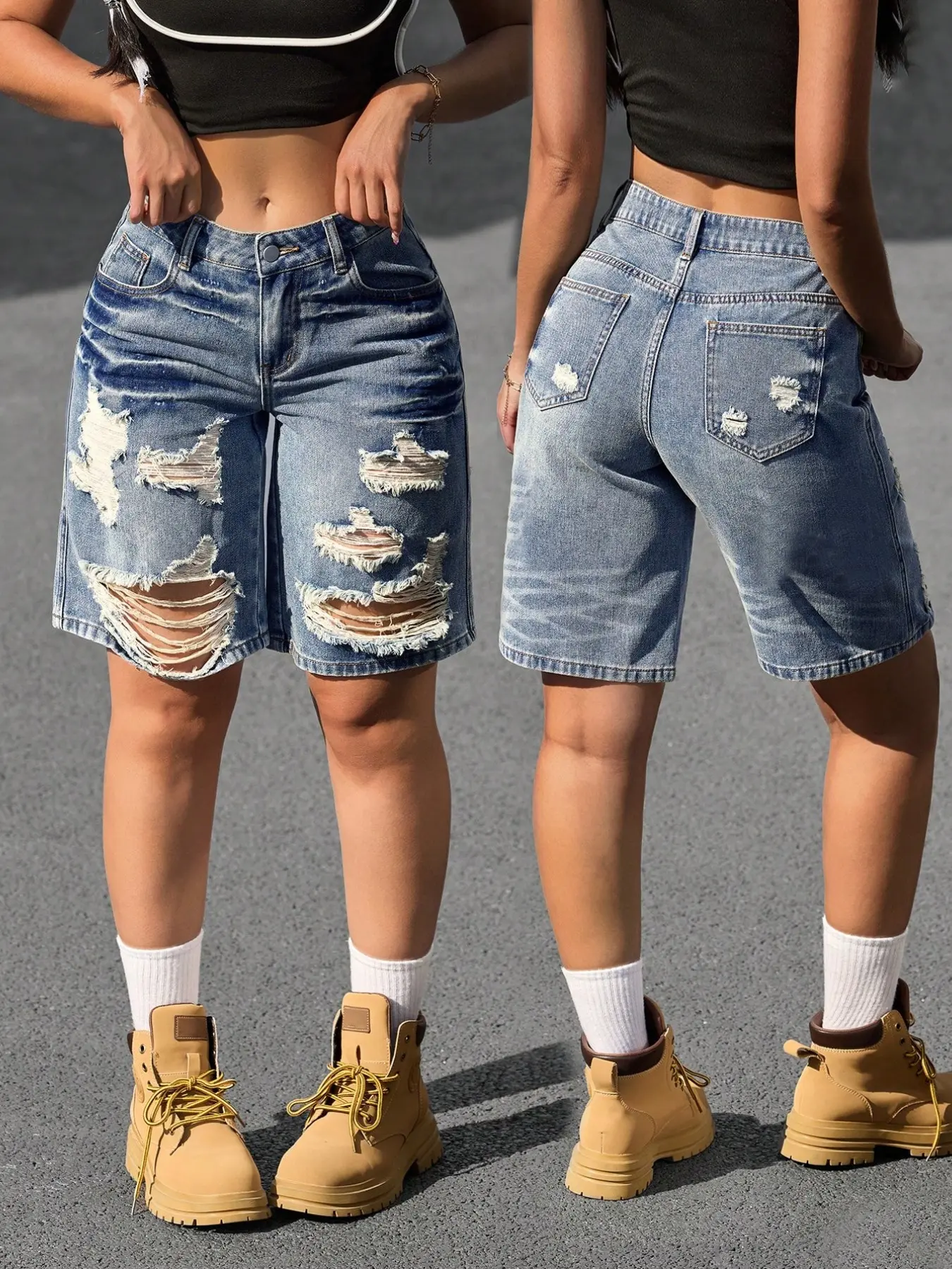 Women's Ripped Vintage Light Wash Denim Capri Pants, Fashionable Trendy Vibe Ripped Design, Comfortable Slimming Loose Fit, Casual Versatile Choice, Bottoms