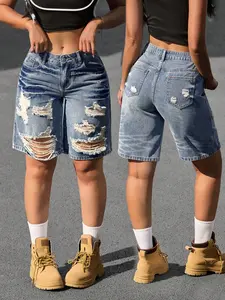 Women's Ripped Vintage Denim Capri Pants, Fashionable Trendy Ripped Design, Comfortable Slimming Loose Fit, Casual Versatile Choice