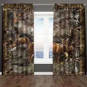 Country Cottage Deer Pattern Bedroom Curtains, Vintage Farmhouse Fall Forest Wildlife Print, Western Theme Hunting Room Decor, Window Curtain