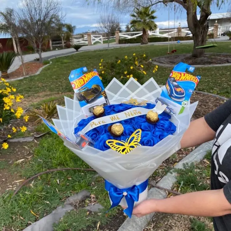 Father’s Day ! Hot Wheels Blue Rose Bouquet with Butterflies & Ferrero Rocher - Perfect for Unique Gifts and Celebrations