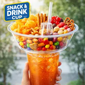 12PCS 2-in-1 Portable Snack and Drink Cup with Straw, Party Night Snack Bowl Tumbler Combo for Fries, Fried Chicken, Fruit and Candy, Round Bowl Shape with Geometric Pattern, Outdoor Picnic Party Cup