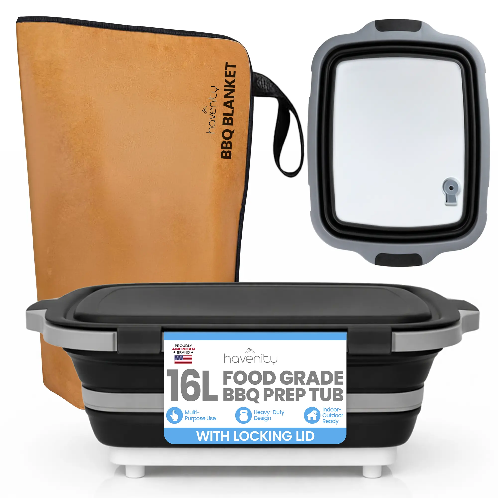 HAVENITY 16L Durable BBQ Prep Tub - XL Collapsible Dish Basin with BBQ Blanket, Cutting Board Lid, Multifunctional Utensils for Outdoor Grilling, Meal Prep, Camping & Marinating Food Storage