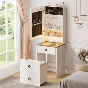 Lvifur Makeup Vanity Desk with Mirror and Lights,Small Vanity Desk Set with Charging Station & Glass Top,Compact Dressing Table with Jewelry Cabinet & Storage Wheel Stool for Bedroom