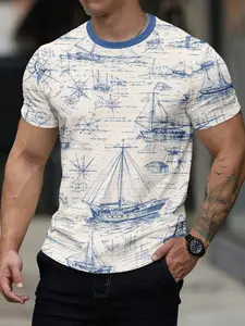 Retro maritime style full printed short sleeved T-shirt, American casual contrasting men's clothing, wearing the "old time of the sea" on the body