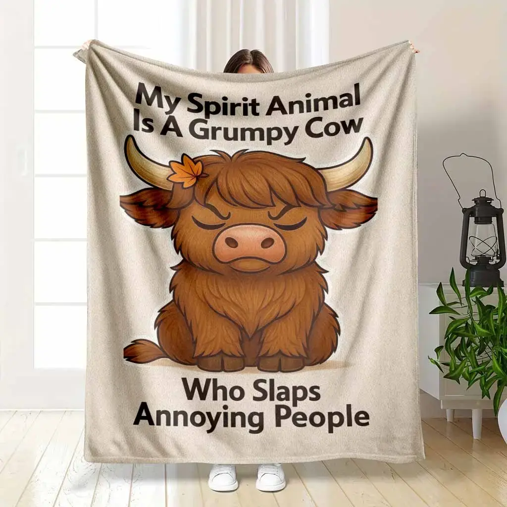 Grumpy Highland Cow Flannel Blanket Funny Spirit Animal Print Ultra Soft Lightweight Cozy Fleece Throw Perfect For Farmhouse Living Room Decor Birthday Gift For Cow Lovers Camping Travel Or Movie Night Warmth