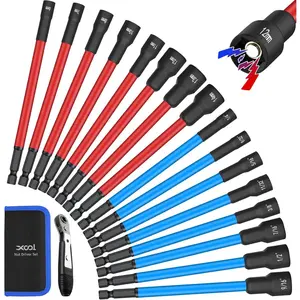 16 count Long  Nut Driver Set, 6" Metric & SAE Nut Driver Bit Set for 1/4" Quick-Change Hex Shank, Impact Drill, with Mini Ratchet Wrench & Storage Bag