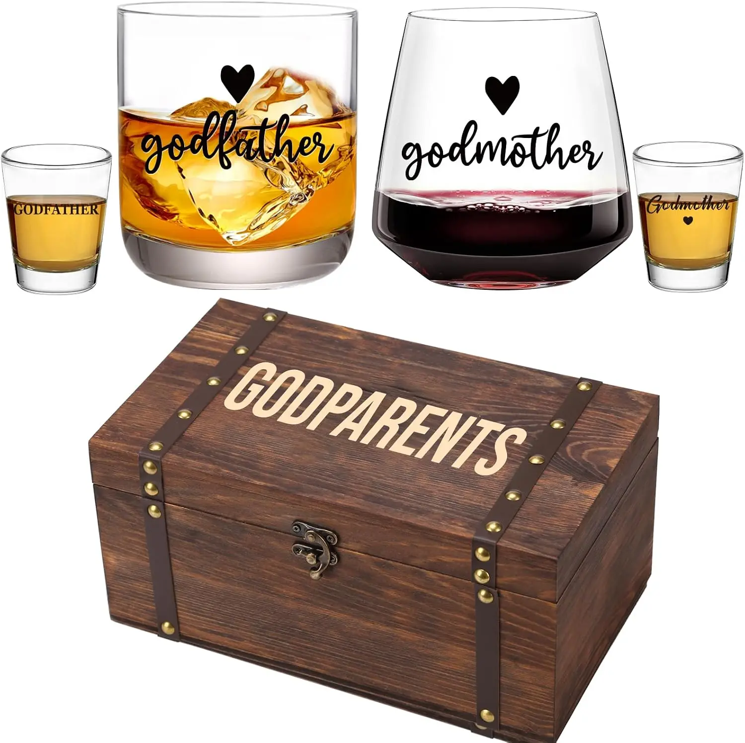 Physkoa Godparents Proposal Gift Box – Wine, Whiskey, and Shot Glass Set in Keepsake Wood Box – Will You Be My Godparents Gift for Baptism or Christening – Est. 2026 Present for Godmother & Godfather