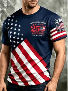 Men's Casual Sporty Short Sleeve Round Neck T-Shirt, Usa 250th Anniversary Flag Print, Polyester, Breathable, Slim Fit, Casual Athletic Apparel, Casual Sports Tops