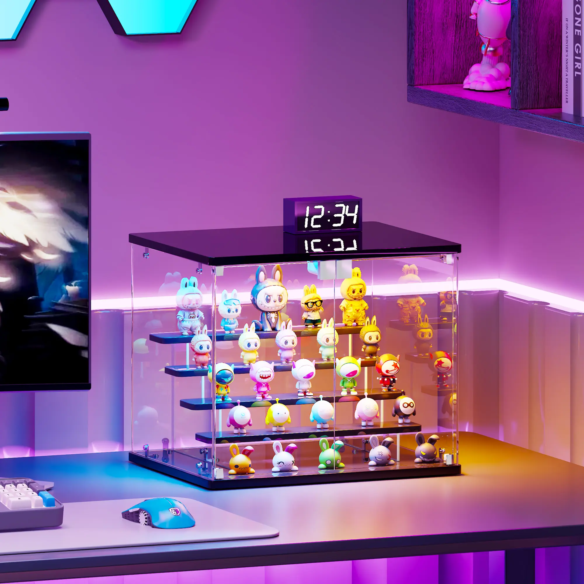 FREDEES DIY 4-Sided Clear Glass Display Case, RGB Lighting Tabletop Dustproof Collectible Showcase