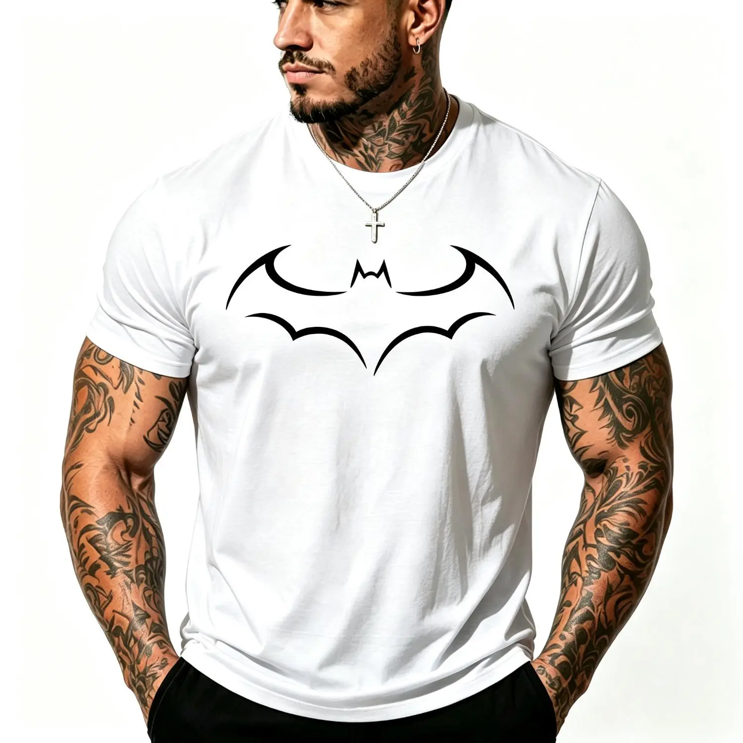 Cotton 2024 large size mens loose t shirt fashion bat print mens short sleeve t shirt summer new mens casual t shirt black -1 t shirt