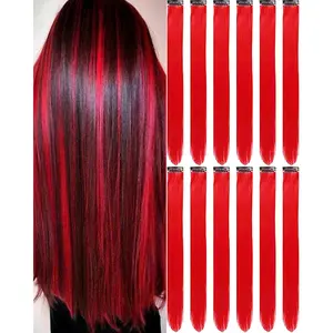 12 count Red Hair Extensions Clip in, 20 Inch Colored Hair Extensions Party Highlights Long Straight Synthetic Haircounts for Women Kids Girls Cosplay