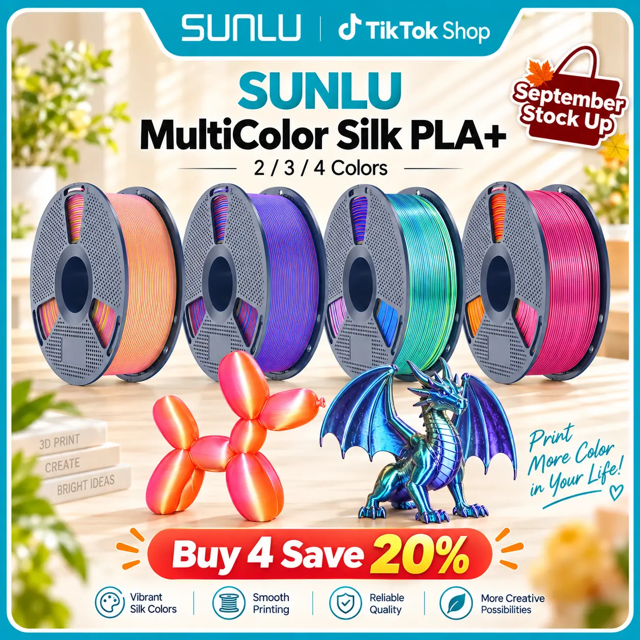 SUNLU 1KG Multi-Color Silk PLA 3D Printer Filament, 3d printer supplies, Dual-Color, Tri-Color & Four-Color Options, Back to School , Smooth Glossy Finish, Beginner-Friendly for Creative Printing,back to school,back to school haul