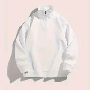 Men's Quarter Zip Pullover Long Sleeved Casual Sweatshirt Lightweight Solid Color White