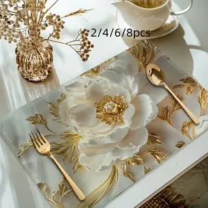 2/4/6/8pcs - Spring Elegant Floral Design Linen Set Placemats, Perfect for Seasonal Kitchen and Restaurant Decorative Table Mats in Spring Festival, Seasonal Indoor Outdoor Anniversary Decoration Placemats, Four Seasons Modern Home Accessories