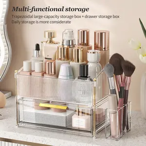 Glam Acrylic Cosmetic Organiser with Pull-Out Drawer - Divided, Dust-Proof, Clutter-Free Drawers Cosmetic Organiser for Vanity Skincare, Lipsticks & Brushes, Large-Capacity Clear Dresser Storage Box, Divided Cosmetic Organisers