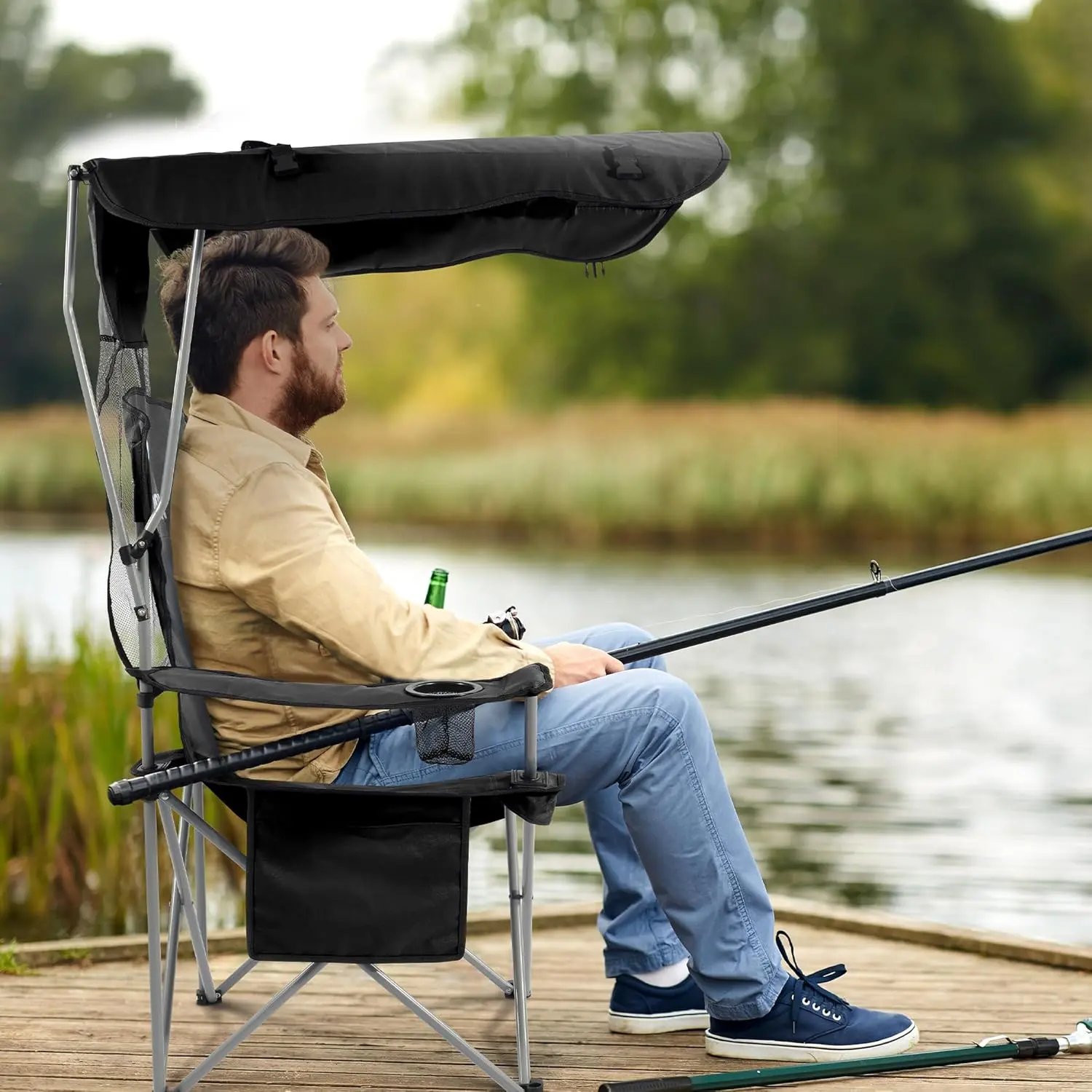 【Summer Vibes】 Upgraded Wide Folding Lawn Chair with Adjustable Sunshade, Portable Camping Chair for Beach, Fishing & Sports, Includes 2 Cup Holders & Storage Bag