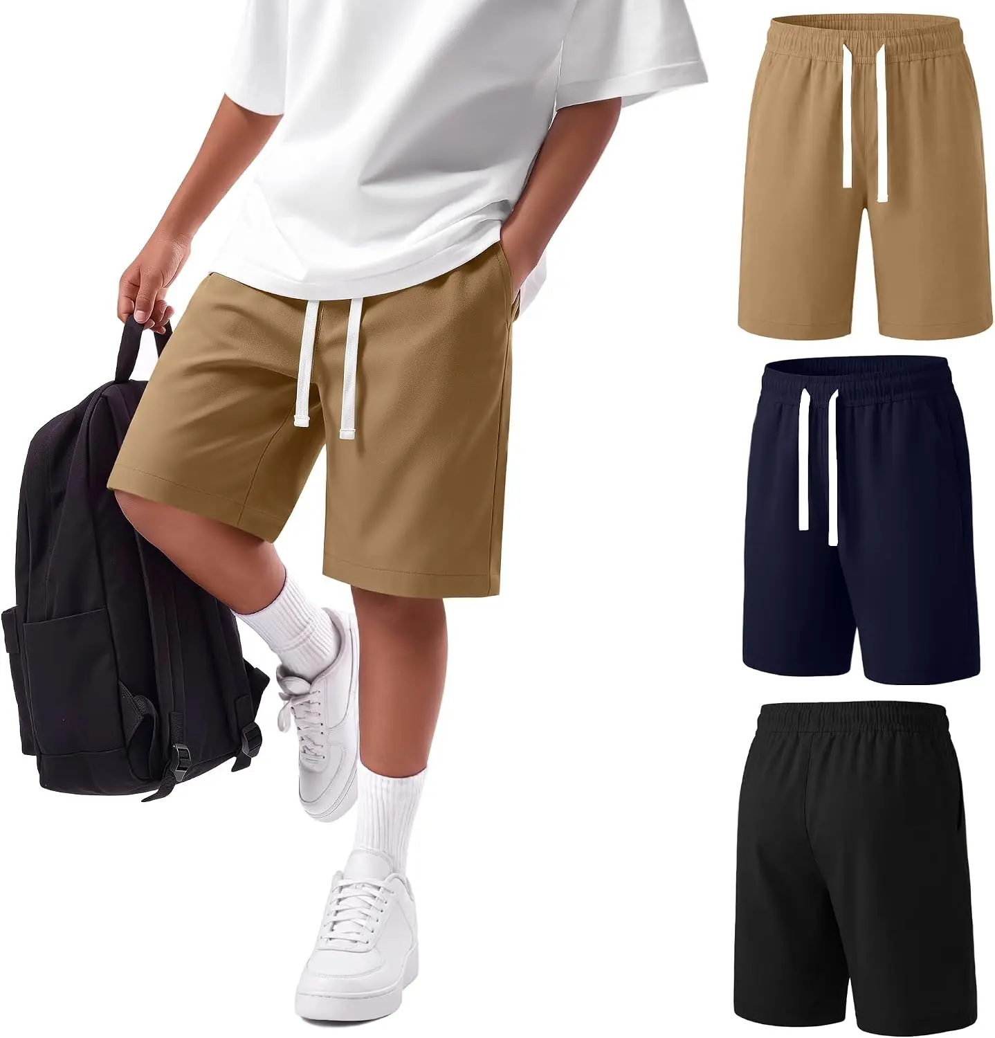 3 Pack Boys Uniform Shorts Boys Shorts | Teen School Clothes, with Drawstring, Dressy, Chino, Kids, Athletic, Casual, with Pockets, 6-16 Years, for Back to School